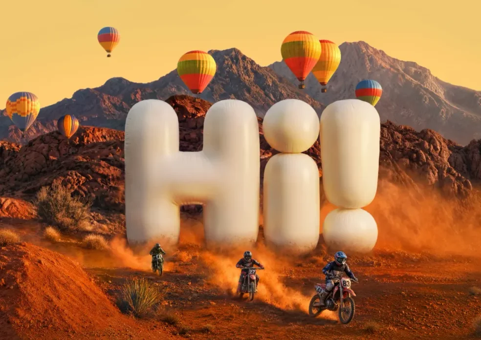 Dirt bike riders climbing a desert trail away from large inflatable-style letters spelling 'Hi!', with colorful hot air balloons floating over rocky mountains.