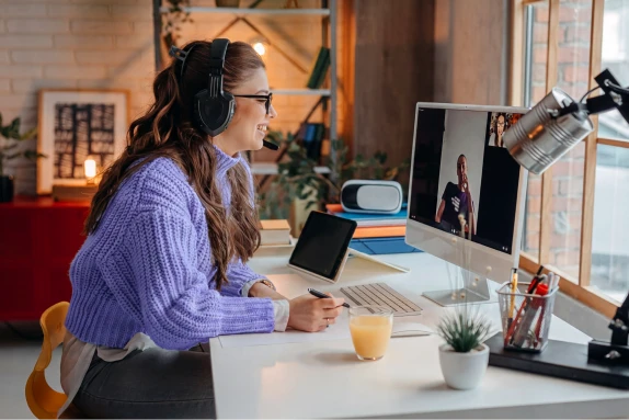 Woman wearing headphones, sitting at a desk on a video call, with a desktop monitor, tablet, ring light, and small plant on the desk in front of her.